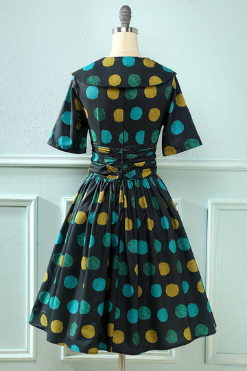 Preto Big Polka Dots 1950s Vintage Dress